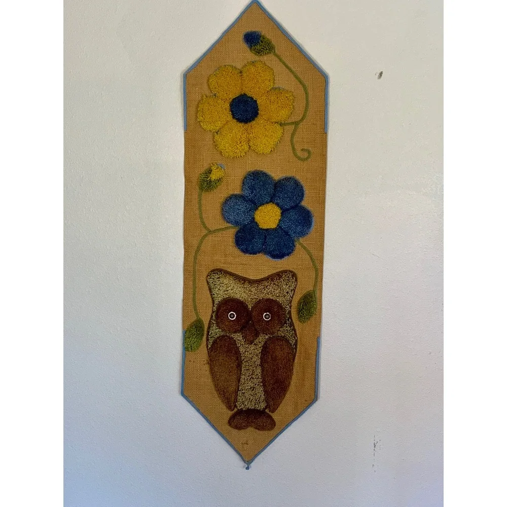 Owl Wall Hanging Vintage Punch‎ Needle Tufted Yarn Burlap Boho 70s Art 42x13